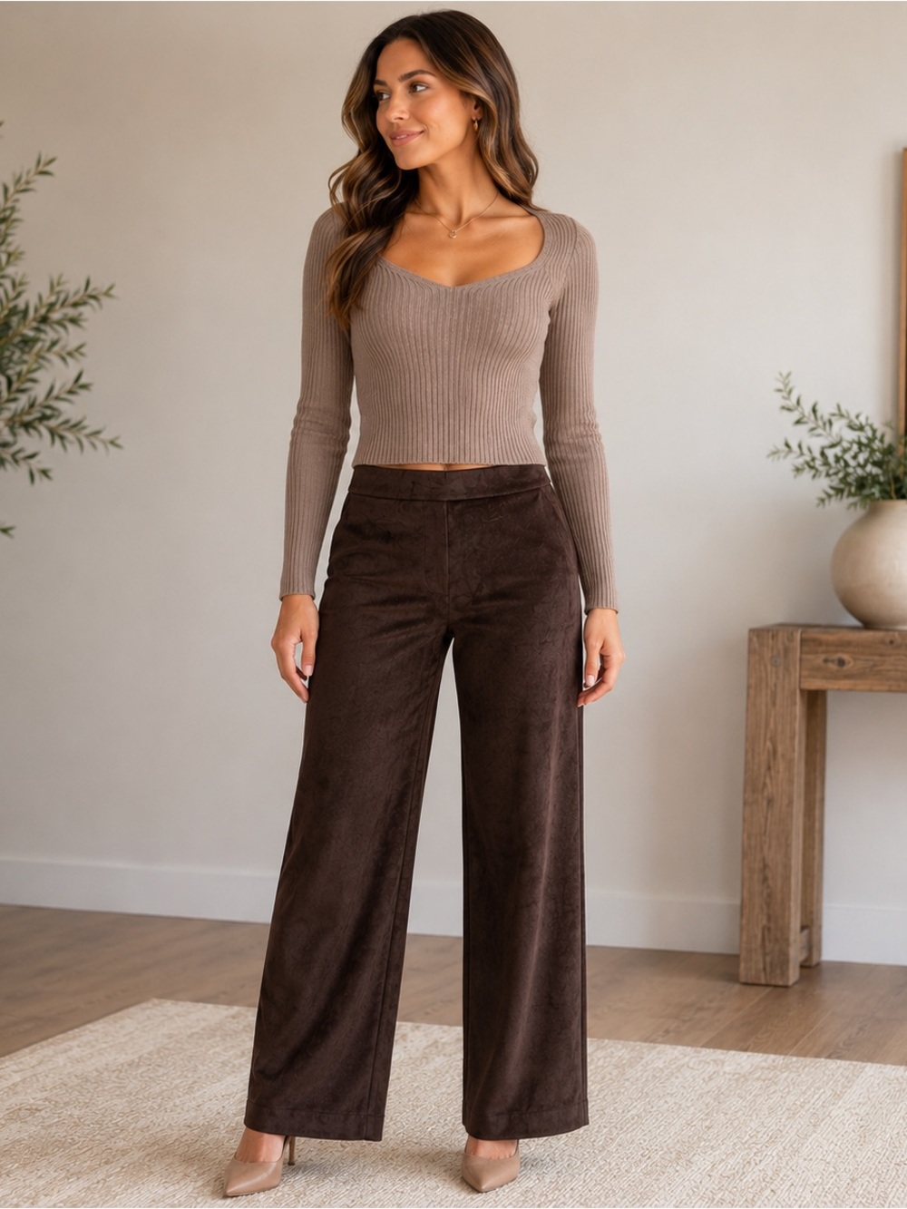 Allison Daley Women’s Med. Chocolate Brown Velvety Wide-Leg Trousers #1114